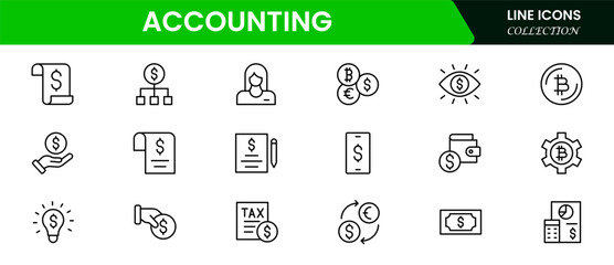 Precise vector web line icons depicting accounting, bookkeeping, financial reports, calculators, and budget management for accurate fiscal operations.