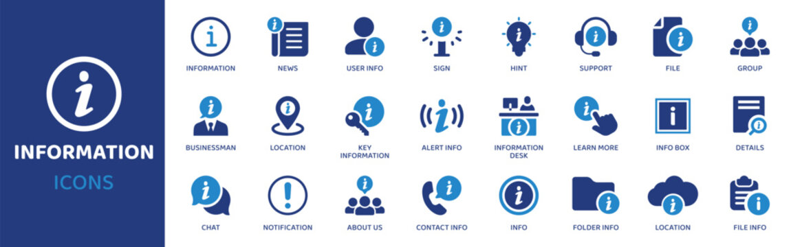 Information - Icon Collection. Thin Line Set contains such Icons as Info, Help, FAQ, Guide, Support, Document, Article and more. Simple web icons set.