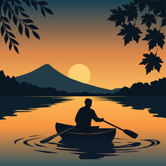 Man Rowing Boat at Sunset on Lake with Mountain Silhouette – Scenic Vector Landscape
