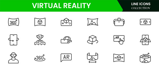 Immersive vector web line icons depicting virtual reality, headsets, simulations, immersive tech, and digital worlds for interactive experiences.