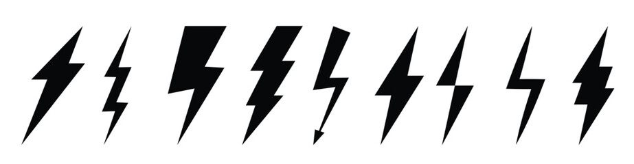 Set of Lightning flat icons. Lightning flash sign. Symbol of energy, thunder, electricity. Fast, power, speed. Electric zipper Bolt with shading and line graphic effects