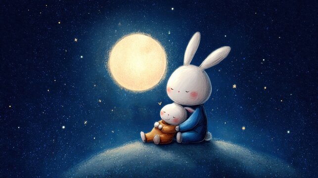 A tender moment between two bunnies under a glowing moon in a starry night sky