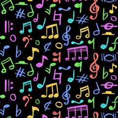 Handwritten pop music elements. Charcoal style seamless pattern. Scribble notes in rainbow colors for kindergarten kids. Vector illustration of a cute childish music pastel or wax pencil signs