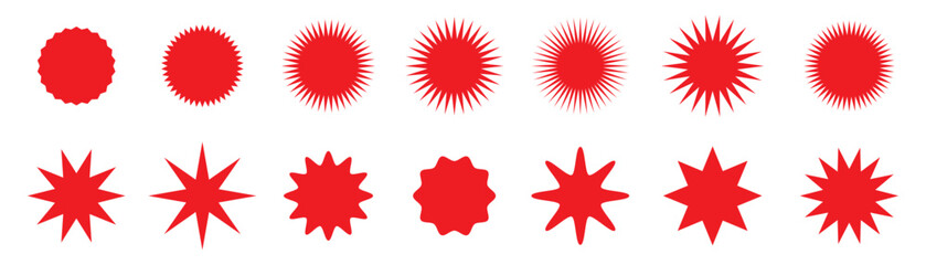 Star round sticker tag icon shape pack. Circle starburst label shape for promo, sale, price offer badge sticker. Round tag shape vector icon. Sale, promo label color design. Vector illustration