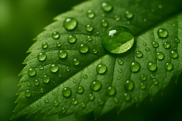 Green Leaf Covered With Water Droplets Detail Still Life