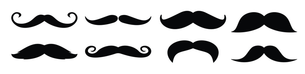 Set of moustache icons. Decorative elements for booth. Men and fathers symbol. Vector black isolated silhouettes