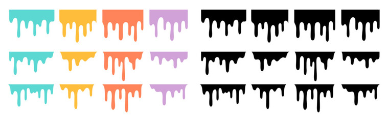 Vector collection of dripping shapes in both colorful and black versions. Great for paint effects, banners, abstract design, or graffiti style elements.
