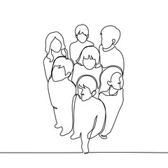 group of young people standing together, top view - one line art vector. concept collective, team, friends, generation