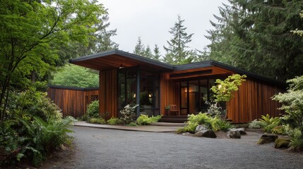 Fototapeta premium Modern Wooden House Surrounded by Lush Greenery