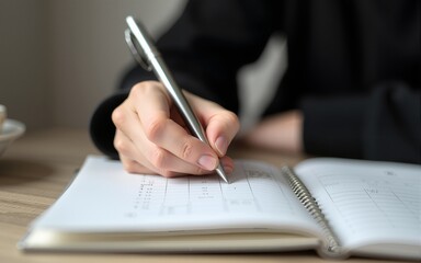A person is writing in a notebook with a pen. High quality