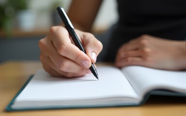 A person is writing in a notebook with a pen. High quality