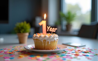 A small cake with a lit "1 Year" candle sits on an office desk covered in colorful confetti, celebrating a one-year milestone. High quality