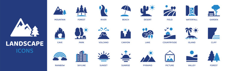 Landscape - Icon Collection. Thin Line Set contains such Icons as Mountain, Hill, River, Lake, Valley, Forest, Tree and more. Simple web icons set.