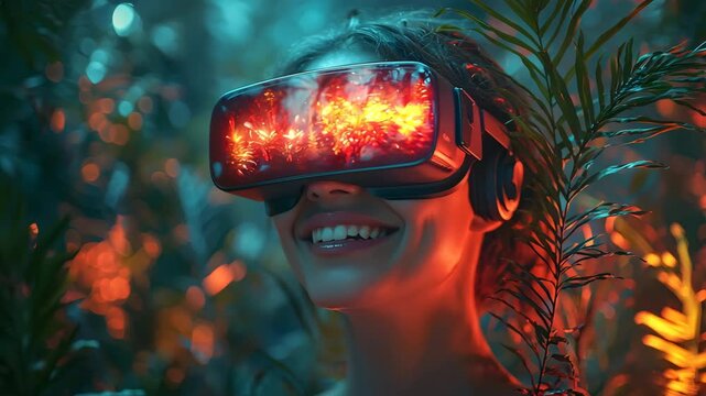Virtual explorer in a futuristic jungle environment wearing VR glasses