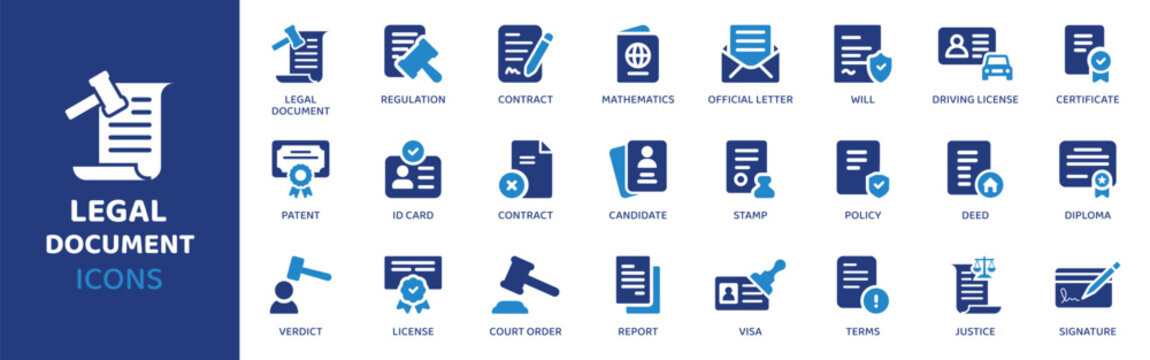 Legal Document - Icon Collection. Thin Line Set contains such Icons as Contract, Agreement, Clause, Deed, Form, Signature, Notary and more. Simple web icons set.