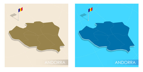 Andorra country flag installed on geographic positioning map point of country territory. Andorra commonwealth banner on land and sea. Festive patriotic HD format template for independence day