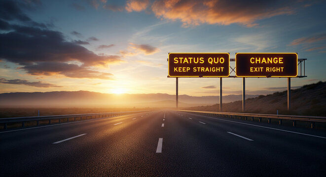 Highway road at sunset with a choice sign: Status Quo or Change, symbolizing decision-making and life choices, perfect for motivational or business concepts