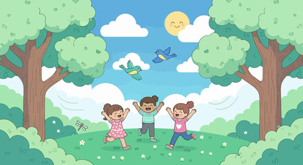 Adobe illustrator artwork vector illustration of three happy diverse children running and playing in a lush green park under a sunny sky, embodying joyful outdoor summer activities