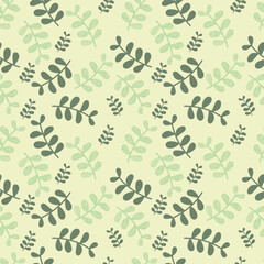 Hand-drawn green leaves on a beige background. Seamless pattern is plant for clothing, fabric, wallpaper, backdrop, home decoration, cover book, and wall art. Vintage style.