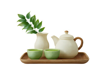 Tea set with teapot, cups, and vase with green leaves wooden tray, minimalist and elegant design, natural colors, peaceful and calming atmosphere