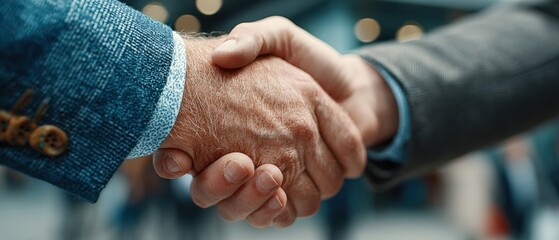 Two businessmen engaging in a handshake within an office building, finalizing a deal and establishing a strong agreement