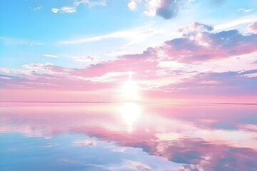 Fototapeta premium Tranquil Pastel Ocean Sunrise with Pink and Blue Sky Reflections Over Calm Water Surface