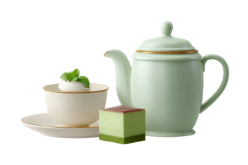 Set of elegant tea ware with teapot, cup, and dessert, featuring gold accents and mint green color, arranged transparency background