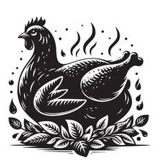 Black Roast Chicken Silhouette Vector, High Quality Illustration on White Background