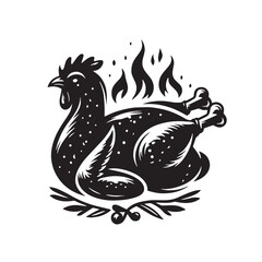 Black Roast Chicken Silhouette Vector, High Quality Illustration on White Background