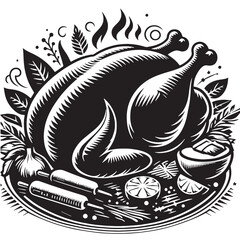 Black Roast Chicken Silhouette Vector, High Quality Illustration on White Background