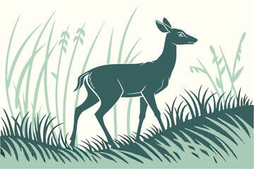 Deer in the grass silhouette vector art illustration