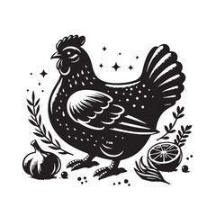 Black Roast Chicken Silhouette Vector, High Quality Illustration on White Background