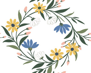 Watercolor Wildflower Wreath - Yellow, Blue, Pink & White Floral Circle Frame on White Background
