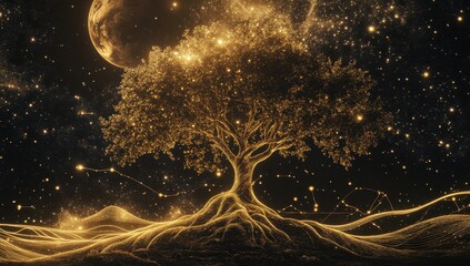 Golden celestial tree with luminous roots and branches.