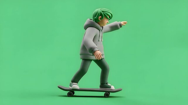 A 3D clay animated character figure cartoon person, styled in a modern, casual manner, is skateboarding on green screen background