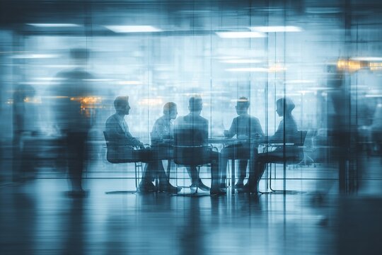 Blurred corporate business team and manager in a meeting in modern glass office. High quality