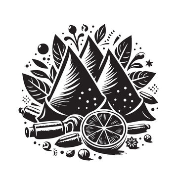 black and white samosas with lemon clip art preview