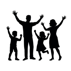 Black silhouette of family raising hands, isolated on transparent background