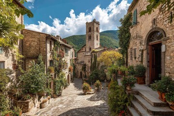 Sunlit cobblestone street in a picturesque Italian hill town, featuring aged stone buildings, lush vegetation, and a medieval tower in the background