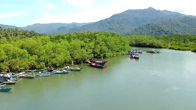 Beach with fisherman ship aerial view panorama nature background 