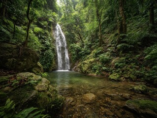 Obraz premium Lush green rainforest envelops a cascading waterfall, its clear pool reflecting the surrounding vegetation, creating a serene, tranquil scene