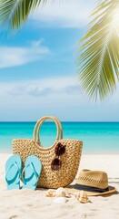 Summer Vacation Accessories In Bag In Tropical Beach With Defocused Ocean, closeup of a beach, Straw Bag, Hat, and Flip-Flops on White Sand