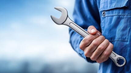 Person in a blue uniform holding a wrench against a blurred outdoor background