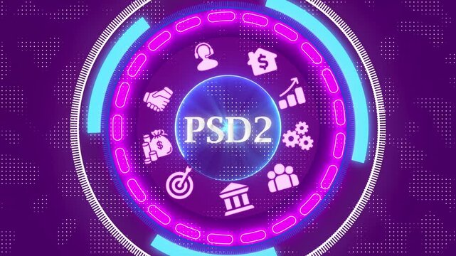 PSD2 Financial Technology Interface with Futuristic Holographic HUD, Digital Particle Waves, and Secure Payment Data Visualization