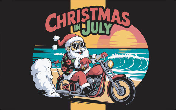 Santa Claus Hawaiian Shirt Sunglasses Motorcycle Beach Sunset Christmas July