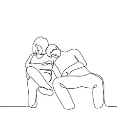 male passenger fell asleep on shoulder of female neighbor in public transport or in line - one line art vector. concept friends waiting long time sitting next to each other, strangers