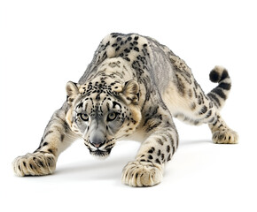 Obraz premium A snow leopard poised for attack, showcasing its powerful stance against a plain white background.