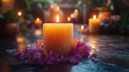 A candle-lit altar with spiritual offerings, A serene candle surrounded by vibrant flowers, exuding warmth and tranquility in a peaceful environment.