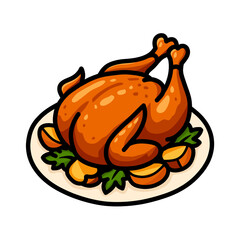 Cartoon Roasted Chicken with Potatoes and Greens on a Plate, Isolated on White Background