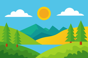 Fototapeta premium Simple cartoon landscape with mountains and lake
